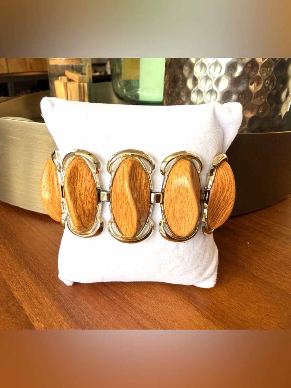 Vintage Silver and Faux Wood Link Bracelet - Picture 2 of 8